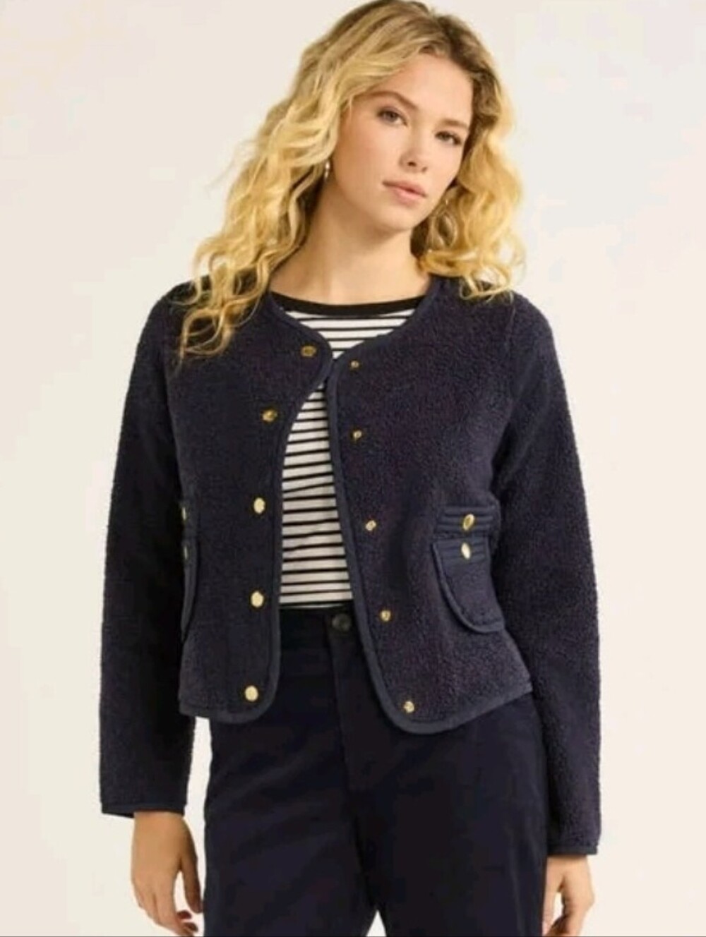 Free Assembly Faux Shearling Jacket w/ Patch Pockets Gold Snap Button Navy LARGE